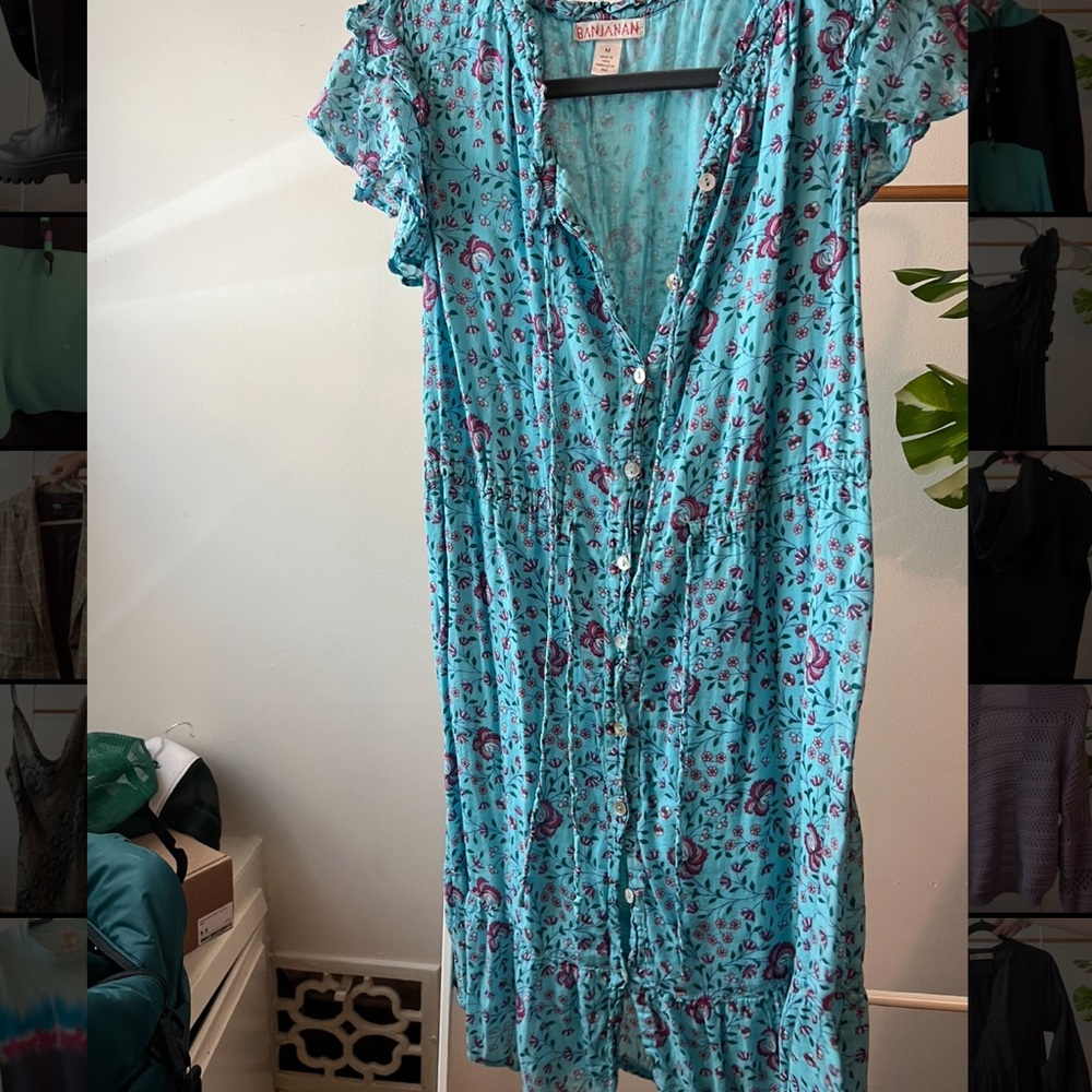 Blue hand printed floral pattern banjanan dress